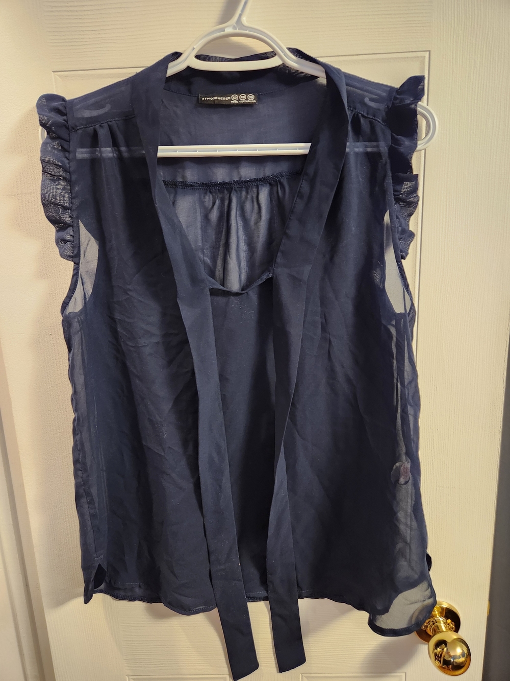 Atmosphere Navy Sheer Tie-Neck Ruffle Sleeve Blouse